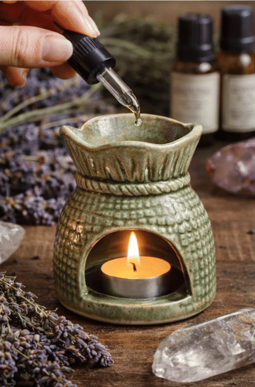 Hornillo bolsita de cerámica esmaltada verde de 9 cm para aromaterapia y rituales esotéricos
