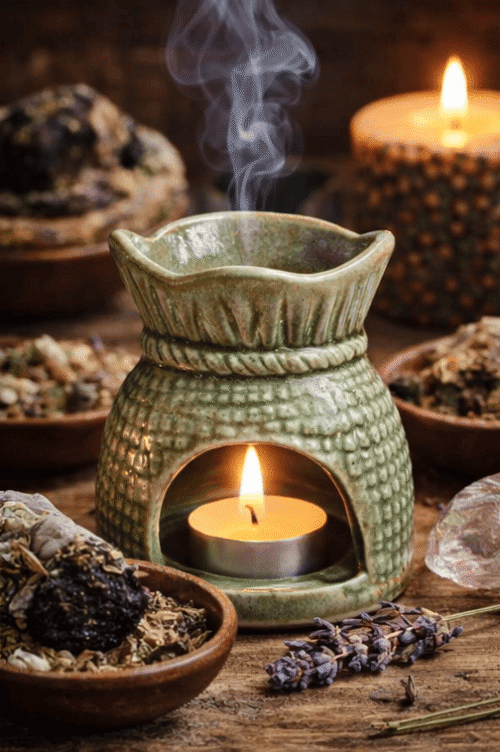 Hornillo bolsita de cerámica esmaltada verde de 9 cm para aromaterapia y rituales esotéricos