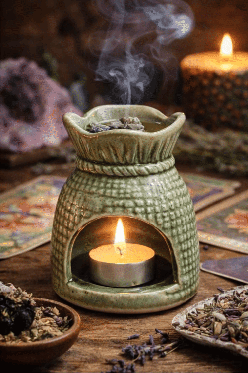 Hornillo bolsita de cerámica esmaltada verde de 9 cm para aromaterapia y rituales esotéricos